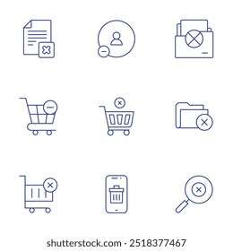 Delete icons set. Thin Line style, editable stroke. shopping cart, smartphone, delete file, delete friend, folder, search.