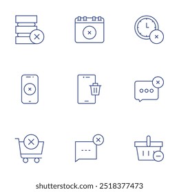 Delete icons set. Thin Line style, editable stroke. delete, smartphone, speech bubble, delete item, delete message, shopping basket.