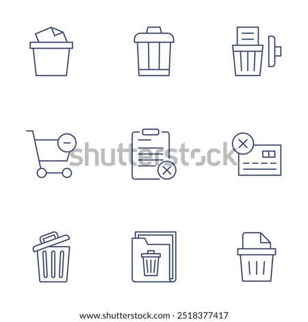 Delete icons set. Thin Line style, editable stroke. bin, cart, delete, clipboard, credit card, trash.