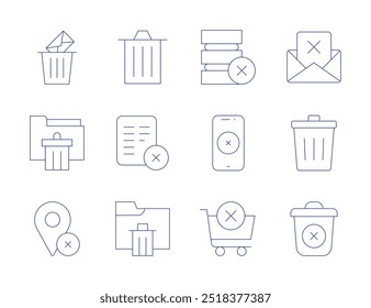 Delete icons. Thin Line style, editable stroke. delete, pin, email, folder, smartphone, cancel, decline, delete item, trash.