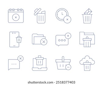 Delete icons. Thin Line style, editable stroke. delete, smartphone, speech bubble, delete message, email, folder, paper bin, shopping basket.