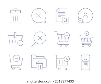 Delete icons. Thin Line style, editable stroke. shopping cart, shopping basket, error, magnifying glass, recycle bin, smartphone, delete, delete file, delete friend.