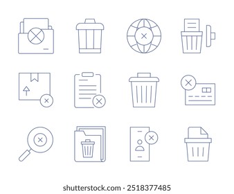 Iconos de Borrar. Estilo de línea delgada, trazo editable. papelera, unfriend, mundo, carpeta, fuera de stock, búsqueda, bin, Portapapeles, tarjeta de crédito, Borrar, basura.