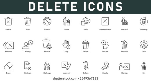 Delete Icons vector illustration with thin line editable stroke contains trash cancel throw bin undo dismiss incorrect erase error dispose refuse recycle stop remove wrong discard