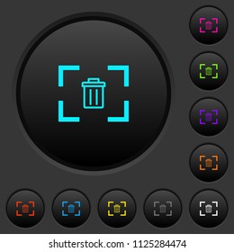 Delete image from camera dark push buttons with vivid color icons on dark grey background