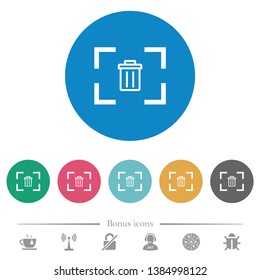 Delete image from camera flat white icons on round color backgrounds. 6 bonus icons included.