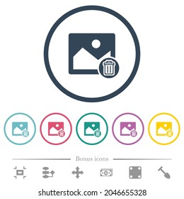 Delete image flat color icons in round outlines. 6 bonus icons included.