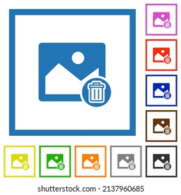 Delete image flat color icons in square frames on white background