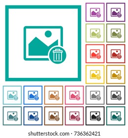 Delete image flat color icons with quadrant frames on white background