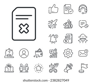 Delete Information File sign. Salaryman, gender equality and alert bell outline icons. Remove Document line icon. Paper page concept symbol. Delete file line sign. Vector