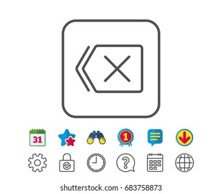Delete line icon. Remove sign. Cancel or Close symbol. Calendar, Globe and Chat line signs. Binoculars, Award and Download icons. Editable stroke. Vector