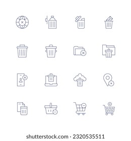 Delete line icon set. Editable stroke. Thin line icon. Containing world, trash can, delete, email, trash, folder, unfriend, paper bin, pin, shopping basket, shopping cart.