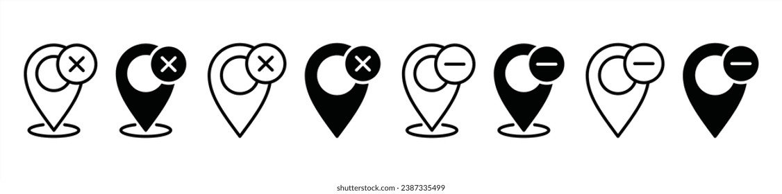 Delete location icon. Remove a map pin icons. Delete map pin pointer marker icon symbol on white background. Vector illustration