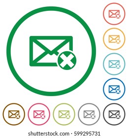 Delete mail flat color icons in round outlines on white background