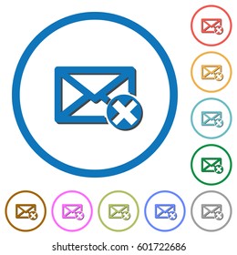 Delete mail flat color vector icons with shadows in round outlines on white background
