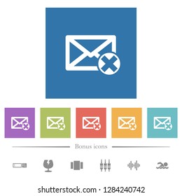 Delete mail flat white icons in square backgrounds. 6 bonus icons included.
