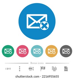 Delete mail flat white icons on round color backgrounds. 6 bonus icons included.