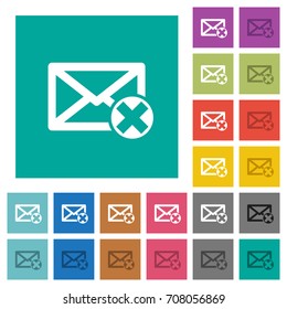 Delete mail multi colored flat icons on plain square backgrounds. Included white and darker icon variations for hover or active effects.
