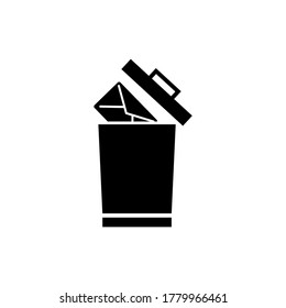 Borrar correo, Eliminar carta de correo electrónico a papelera. Icono de vector plano. Sencillo símbolo negro sobre fondo blanco. Borrar correo, eliminar plantilla de diseño de signo de carta de correo electrónico para elementos de interfaz de usuario web y móvil