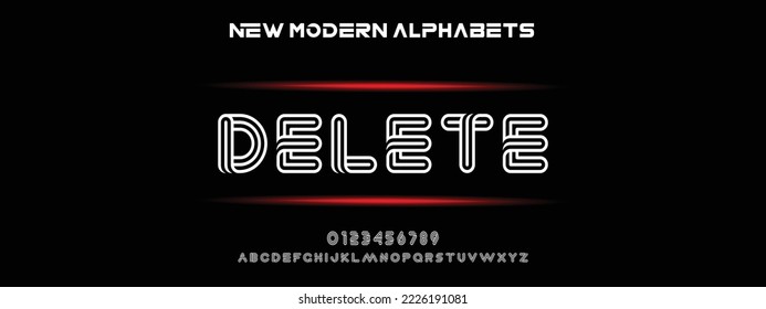 DELETE Modern Bold Font. Regular Italic Number Typography urban style alphabet fonts for fashion, sport, technology, digital, movie, logo design, vector illustration