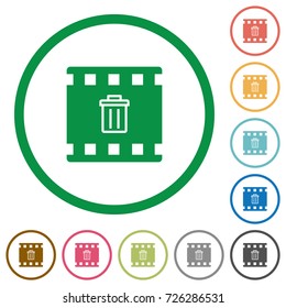 Delete movie flat color icons in round outlines on white background