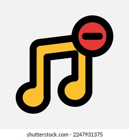 Borrar icono de música en el estilo de línea rellena sobre multimedia, usar para presentación de aplicaciones móviles del sitio web