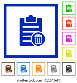 Delete note flat color icons in square frames on white background