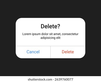 Delete notification pop up UI design with cancel and delete buttons on a dark background for mobile app and web alert interface in a minimal modern style