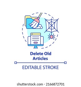 Delete old articles concept icon. Search engine optimization principle abstract idea thin line illustration. Isolated outline drawing. Editable stroke. Arial, Myriad Pro-Bold fonts used
