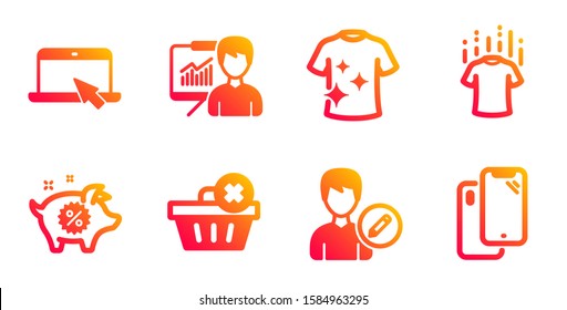 Delete order, Dry t-shirt and Portable computer line icons set. Presentation, Piggy sale and Edit person signs. Clean t-shirt, Smartphone symbols. Clean basket, Laundry shirt. Business set. Vector