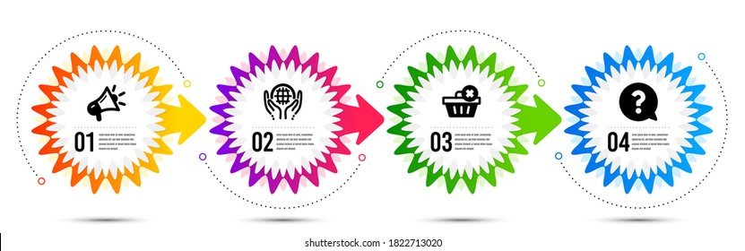 Delete order, Organic tested and Megaphone icons simple set. Timeline steps infographic. Question mark sign. Clean basket, Safe nature, Brand advertisement. Help support. Business set. Vector