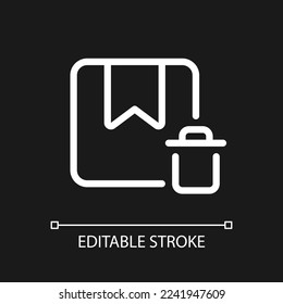 Borrar píxel de orden icono ui lineal blanco perfecto para el tema oscuro. Cancelar entrega de paquetes. Pictograma de la línea del vector. Símbolo de interfaz de usuario aislado para el modo nocturno. Trazo editable. Tipo de letra arial utilizado