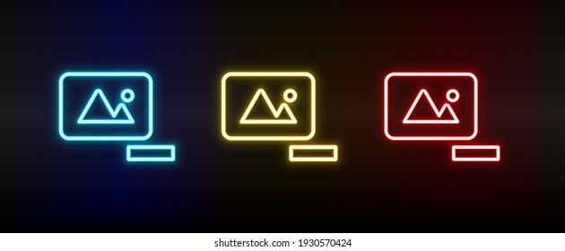 delete, photo neon icon set. Set of red, blue, yellow neon vector icon