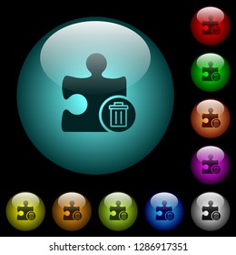 Delete plugin icons in color illuminated spherical glass buttons on black background. Can be used to black or dark templates