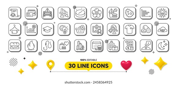 Delete purchase, Baggage and Bacteria line icons pack. 3d design elements. Graduation cap, Idea gear, 5g statistics web icon. Clean towel, Annual tax, Quick tips pictogram. Vector