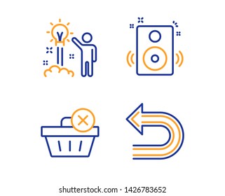 Delete purchase, Creative idea and Speakers icons simple set. Undo sign. Remove from basket, Startup, Sound. Left turn. Linear delete purchase icon. Colorful design set. Vector