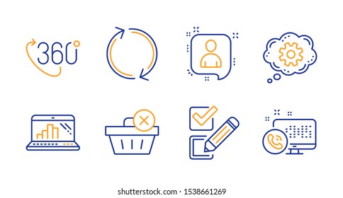 Delete purchase, Refresh and Graph laptop line icons set. 360 degree, Developers chat and Checkbox signs. Cogwheel, Web call symbols. Remove from basket, Rotation. Business set. Vector