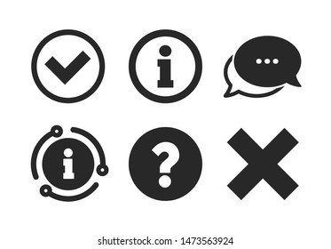 Delete And Question FAQ Mark Signs. Chat, Info Sign. Information Icons. Approved Check Mark Symbol. Classic Style Speech Bubble Icon. Vector