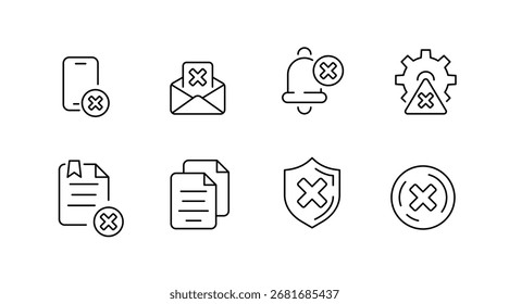 Delete and remove outline icons set – flat, solid, cancellation tools