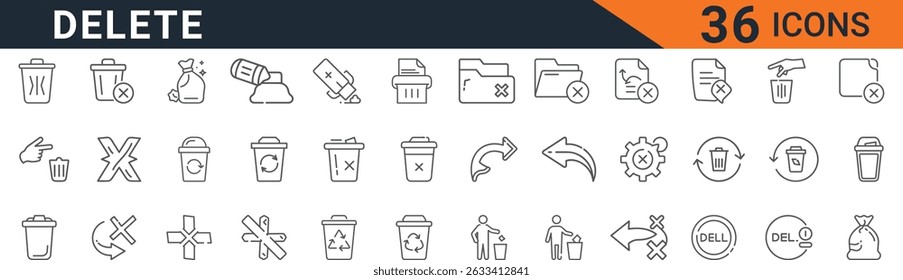 Borrar, eliminar, papelera y reciclar iconos de línea establecidos para la interfaz de usuario y el Diseño web