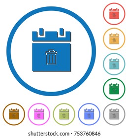 Delete schedule item flat color vector icons with shadows in round outlines on white background