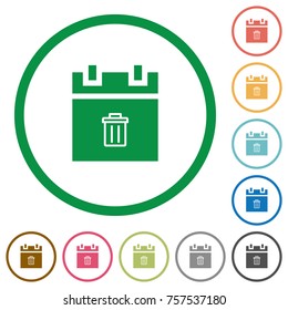Delete schedule item flat color icons in round outlines on white background