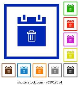 Delete schedule item flat color icons in square frames on white background