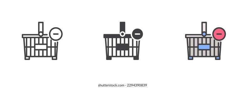 Delete from shopping basket different style icon set. Line, glyph and filled outline colorful version, outline and filled vector sign. Symbol, logo illustration. Vector graphics