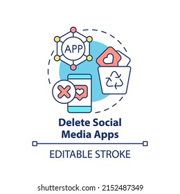 Delete social media apps concept icon. Way to break social networks addiction abstract idea thin line illustration. Isolated outline drawing. Editable stroke. Arial, Myriad Pro-Bold fonts used