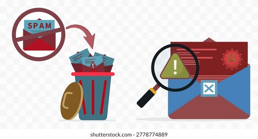 Delete spam email with virus and warning alert using filter and magnifying glass for email security, malware protection, junk mail block and safe digital inbox technology concept.