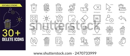 Delete Stroke icon collections. Delete icon set. Containing trash, delete button, cancel, undo, throw and remove icons. Stroke icon collection Editable Outline icon