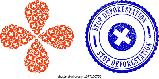 Delete swirl flower cluster, and blue round STOP DEFORESTATION rubber print with icon inside. Object flower with 4 petals done from oriented delete items. Vector flower collage in flat style.