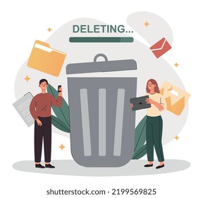 Delete trash concept. Man and woman near large trashcan. metaphor for cleaning device memory, deleting unnecessary files, programs, software and applications. Cartoon flat vector illustration