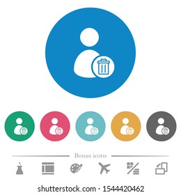 Delete user account flat white icons on round color backgrounds. 6 bonus icons included.